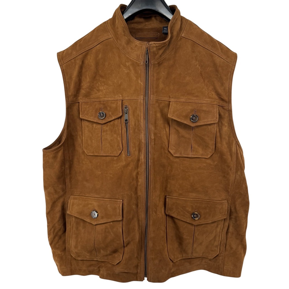 Roundtree & Yorke Vest Mens XXL Cognac Brown Suede Leather Plaid Lined Utility‎